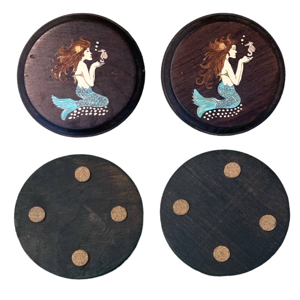 2 HANDPAINTED Wooden Mermaid Coastal Coasters With Cork Stablizer Bottom Rounds